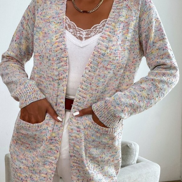 Cozy Cream Speckled Open Front Cardigan Pockets - Picture 2 of 5